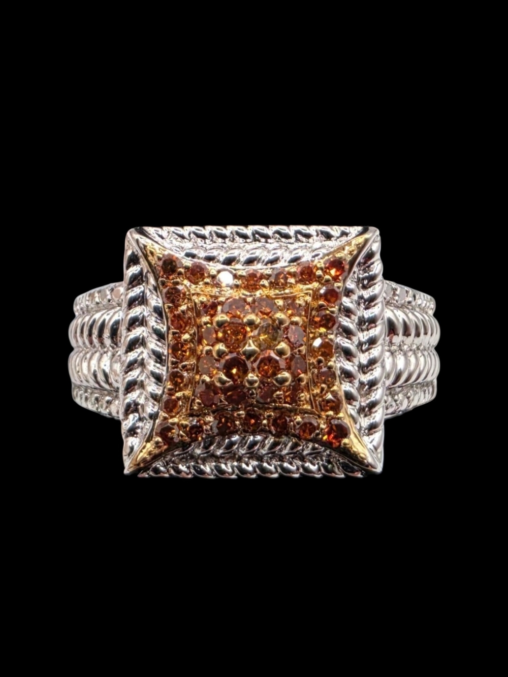 0.35ct Natural Orange Diamond Square Cluster Solid 925 Sterling Silver Ring Sz 7